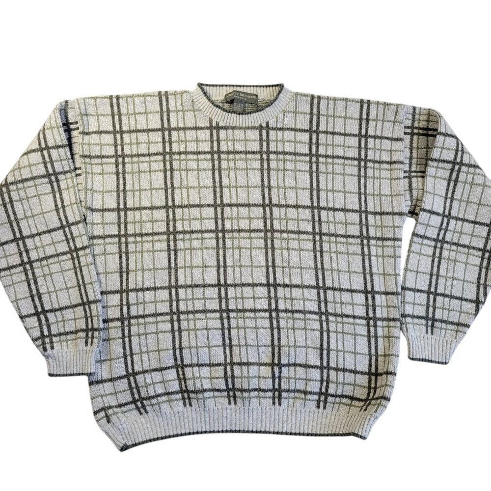 Vintage Liberty Sweater Mens Large Knit Brown Plaid Made in USA Acrylic Blend